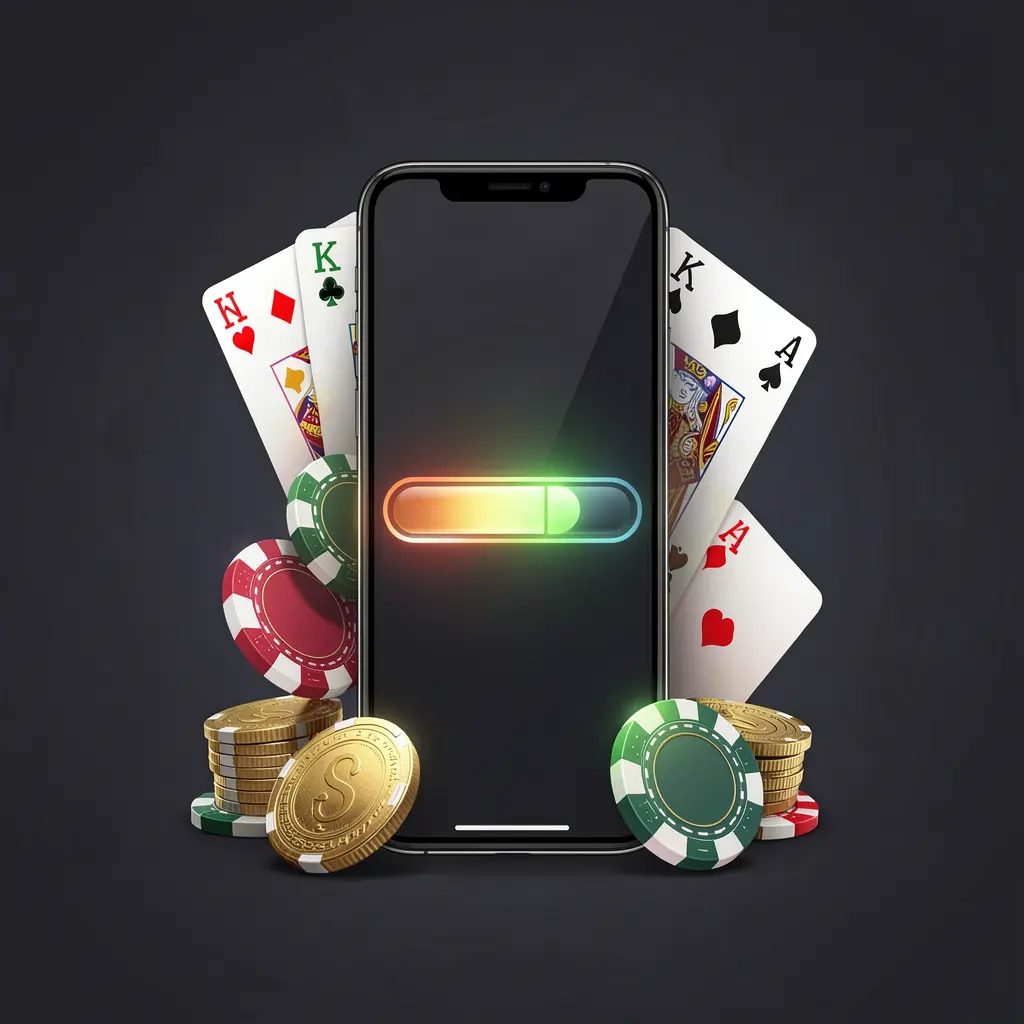 JYJLLL casino app installation on a smartphone with glowing progress bar, surrounded by coins, chips, and cards on a dark background