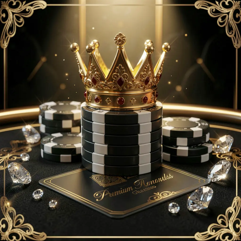 Elegant golden crown placed on top of poker chips with sparkling diamonds and a premium membership card in a luxury black and gold background, showcasing JYJLLL's exclusive high-end casino VIP rewards atmosphere