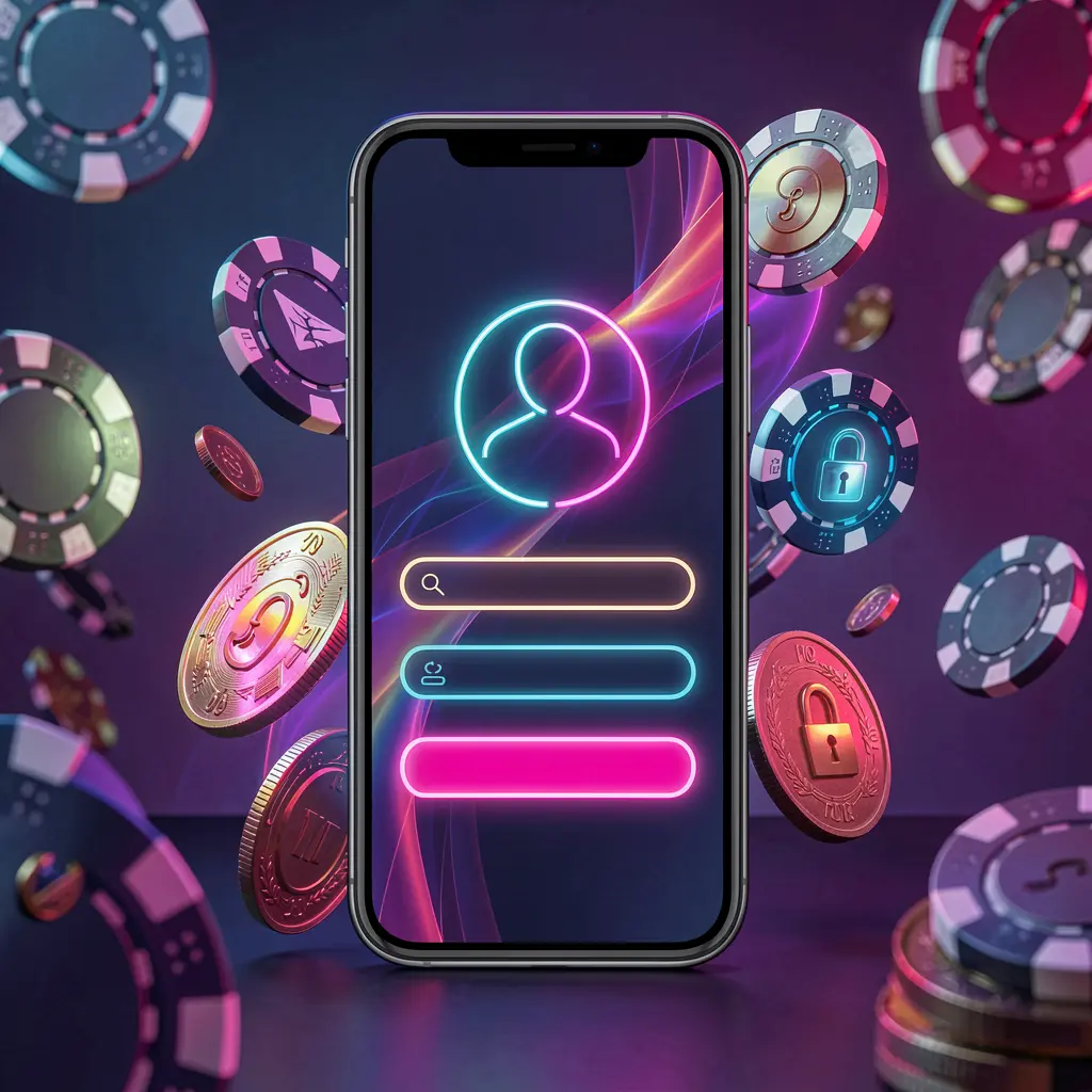 JYJLLL mobile gaming login page concept featuring a smartphone with an abstract login interface, user and lock icons, surrounded by casino chips and coins under luxury neon lighting
