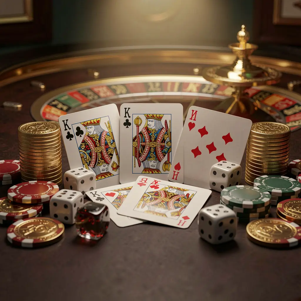 Elegant online casino homepage featuring JYJLLL brand with royal flush cards, dice, golden coins, poker chips on a dark table, and a glowing roulette wheel in the background in cinematic 3D render