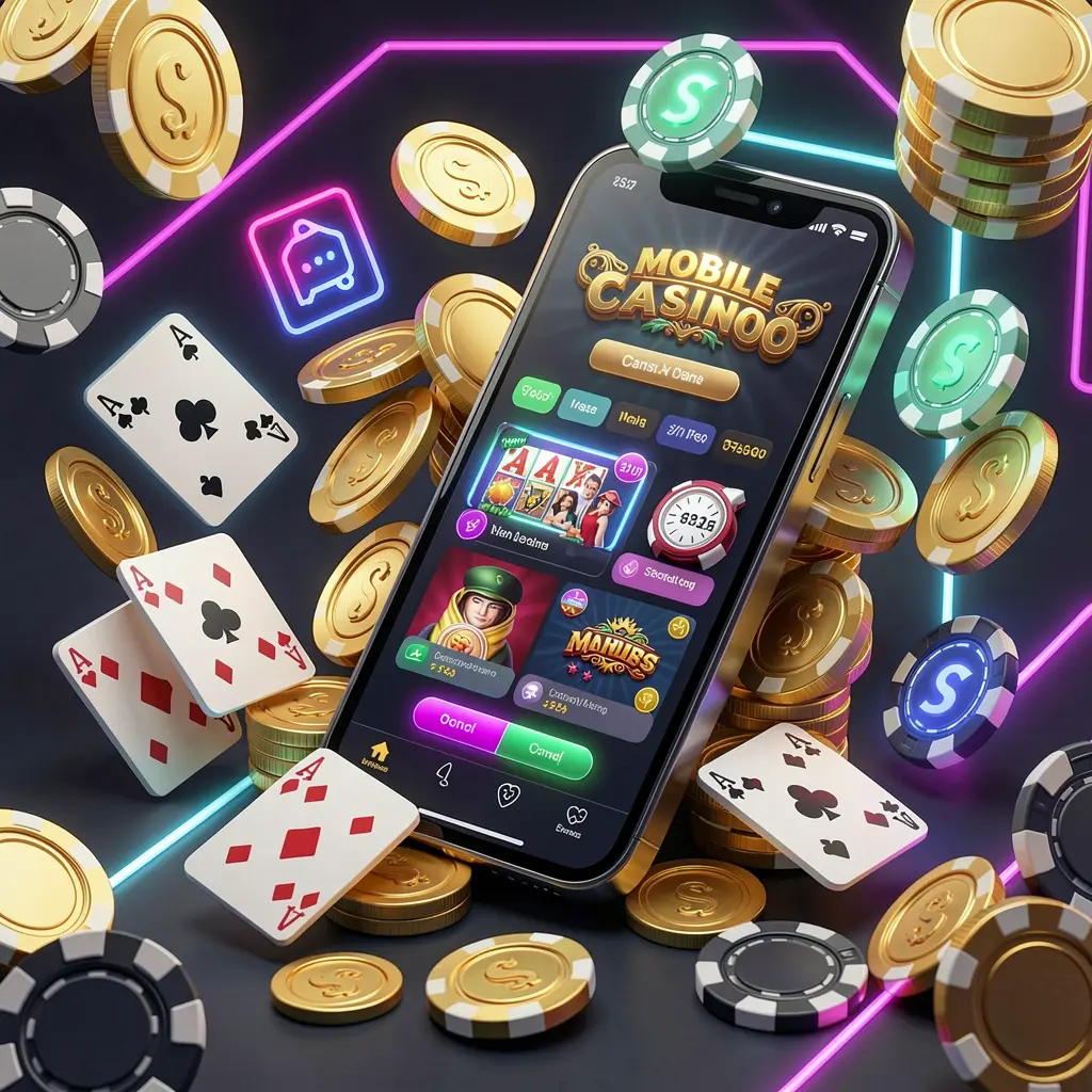 JYJLLL mobile casino homepage concept showing a smartphone surrounded by golden coins, chips, cards, and glowing icons on a modern dark background with neon accents